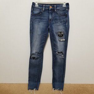American Eagle jeans 2 Jegging distressed applique patch grunge doodle graffiti